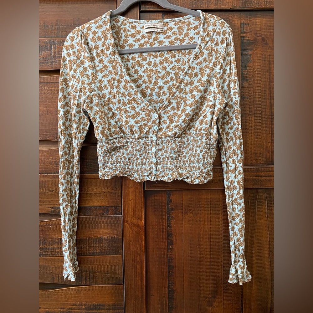 Urban Outfitters Bayside Smocked Button-Front Blouse 🩵🤎